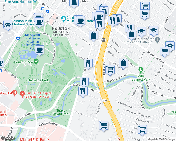 map of restaurants, bars, coffee shops, grocery stores, and more near 5927a Almeda Road in Houston