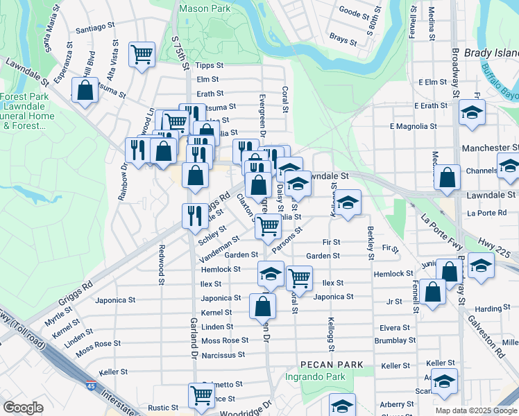map of restaurants, bars, coffee shops, grocery stores, and more near 1110 Evergreen Drive in Houston