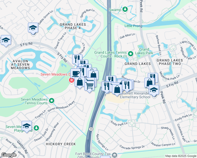 map of restaurants, bars, coffee shops, grocery stores, and more near 6802 South Fry Road in Katy