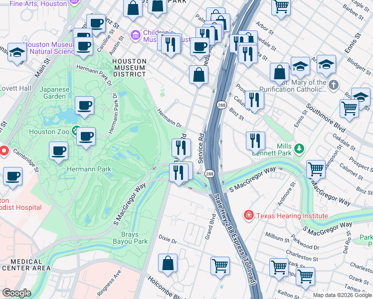 map of restaurants, bars, coffee shops, grocery stores, and more near 5927a Almeda Road in Houston