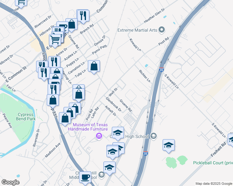 map of restaurants, bars, coffee shops, grocery stores, and more near 242 Gruene Road in New Braunfels