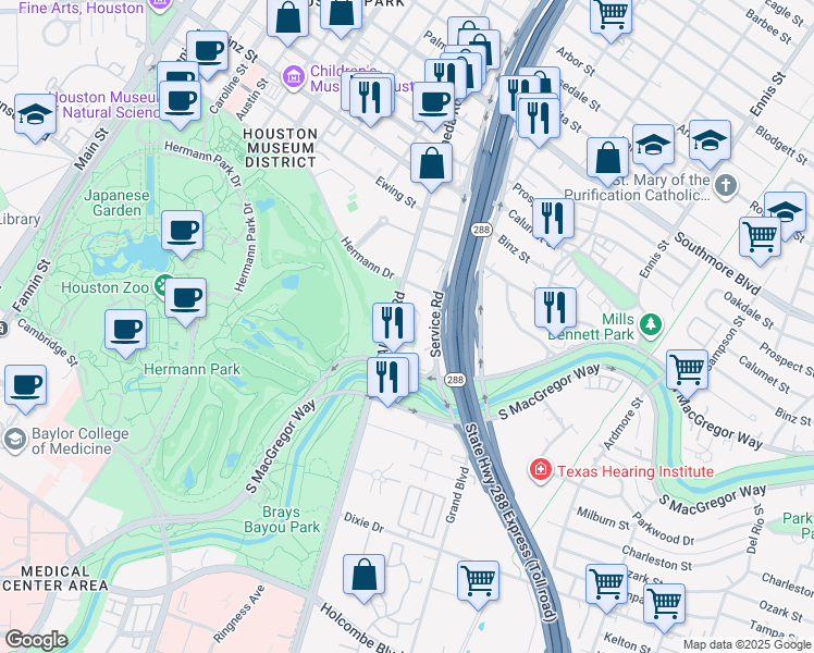 map of restaurants, bars, coffee shops, grocery stores, and more near 5925 Almeda Road in Houston