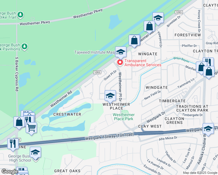 map of restaurants, bars, coffee shops, grocery stores, and more near 3842 Old Post Road in Houston