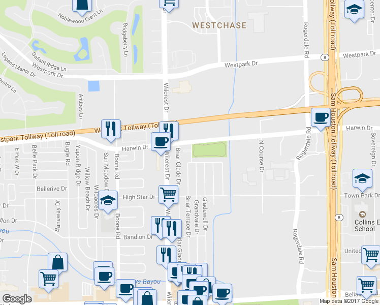 map of restaurants, bars, coffee shops, grocery stores, and more near 16 Kenwall Drive in Houston