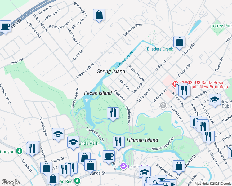 map of restaurants, bars, coffee shops, grocery stores, and more near 1021 Cole Avenue in New Braunfels