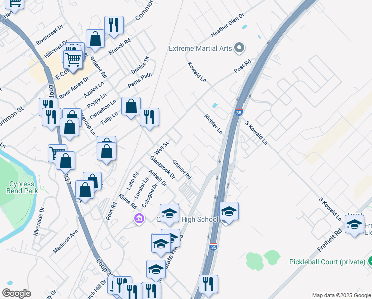 map of restaurants, bars, coffee shops, grocery stores, and more near 128 Luckett Drive in New Braunfels