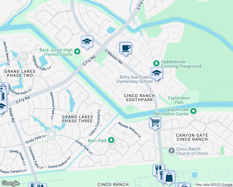 map of restaurants, bars, coffee shops, grocery stores, and more near 5615 Overton Park Drive in Katy