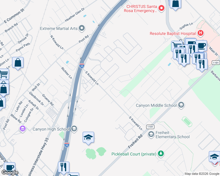 map of restaurants, bars, coffee shops, grocery stores, and more near 253 South Kowald Lane in New Braunfels