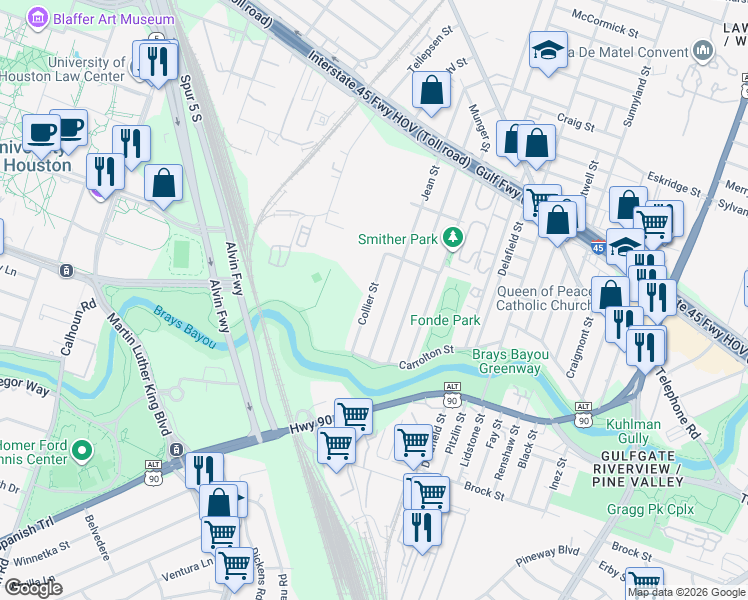map of restaurants, bars, coffee shops, grocery stores, and more near 2233 Collier Street in Houston