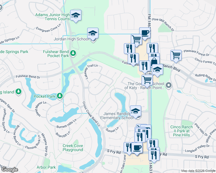 map of restaurants, bars, coffee shops, grocery stores, and more near 27510 Kingsland Place Lane in Fulshear