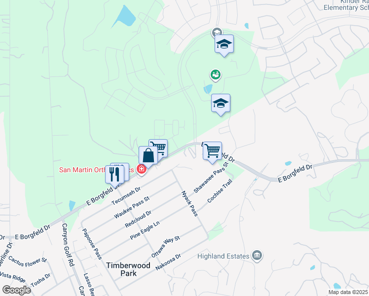 map of restaurants, bars, coffee shops, grocery stores, and more near 1250 East Borgfeld Drive in San Antonio