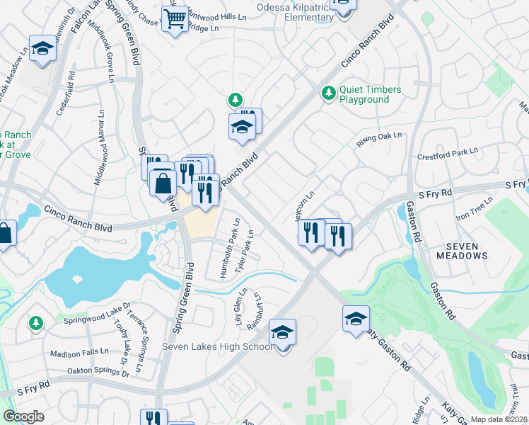 map of restaurants, bars, coffee shops, grocery stores, and more near 5114 Forest Sage Lane in Katy