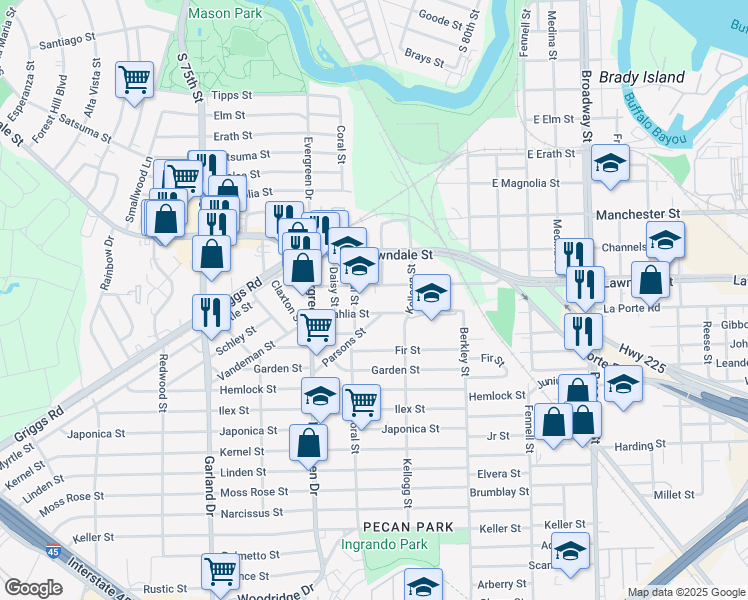 map of restaurants, bars, coffee shops, grocery stores, and more near 7310 Bowie Street in Houston
