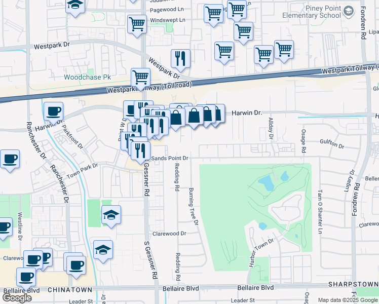 map of restaurants, bars, coffee shops, grocery stores, and more near 5900 Burning Tree Drive in Houston