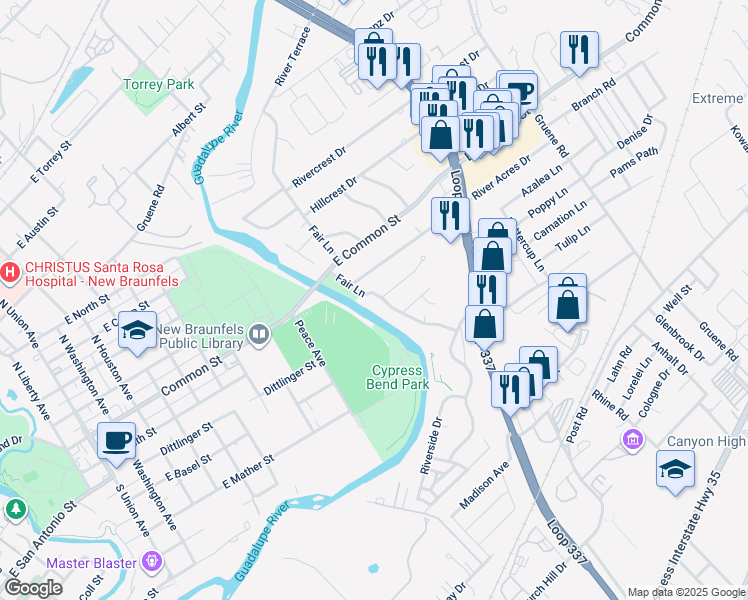 map of restaurants, bars, coffee shops, grocery stores, and more near 423 Fair Lane in New Braunfels