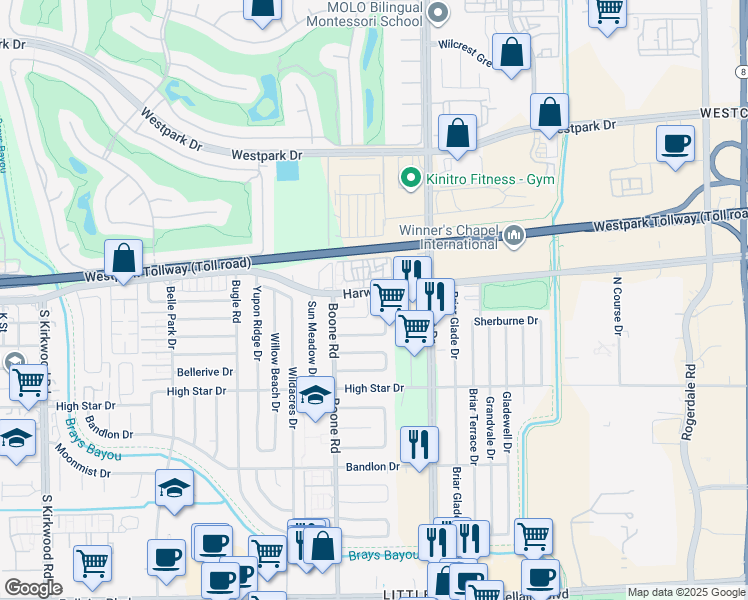 map of restaurants, bars, coffee shops, grocery stores, and more near 11007 Willwood Drive in Houston