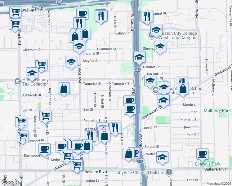 map of restaurants, bars, coffee shops, grocery stores, and more near 4813 Wedgewood Drive in Bellaire