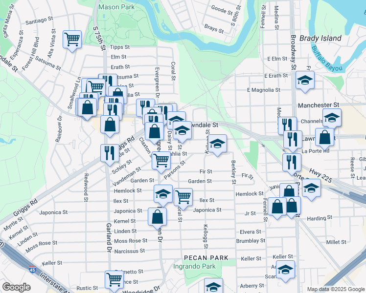 map of restaurants, bars, coffee shops, grocery stores, and more near 7310 Bowie Street in Houston