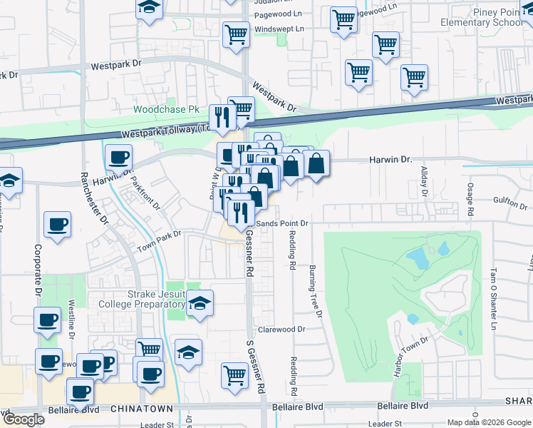 map of restaurants, bars, coffee shops, grocery stores, and more near 8600 Sands Point Drive in Houston