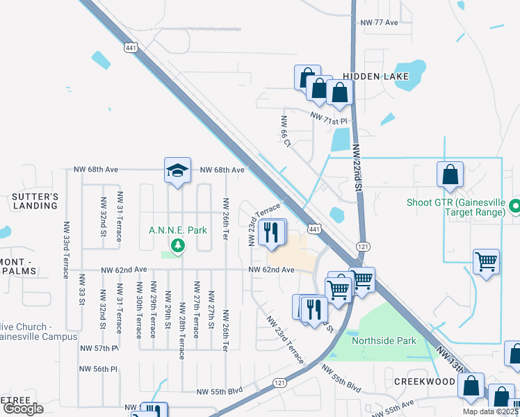 map of restaurants, bars, coffee shops, grocery stores, and more near 2321 Northwest 65 Road in Gainesville