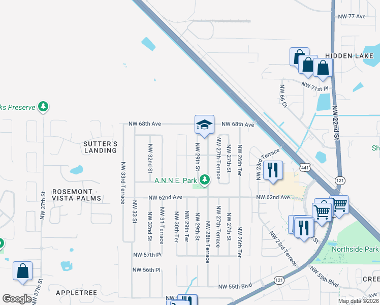 map of restaurants, bars, coffee shops, grocery stores, and more near 6604 Northwest 29th Terrace in Gainesville