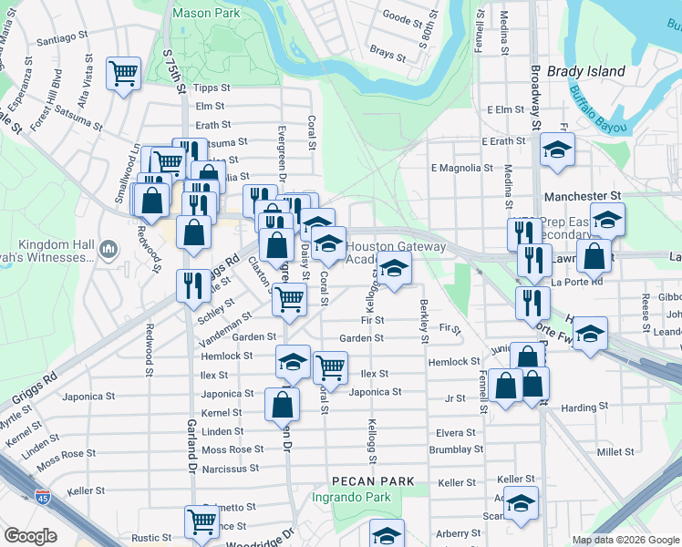 map of restaurants, bars, coffee shops, grocery stores, and more near 7310 Bowie Street in Houston
