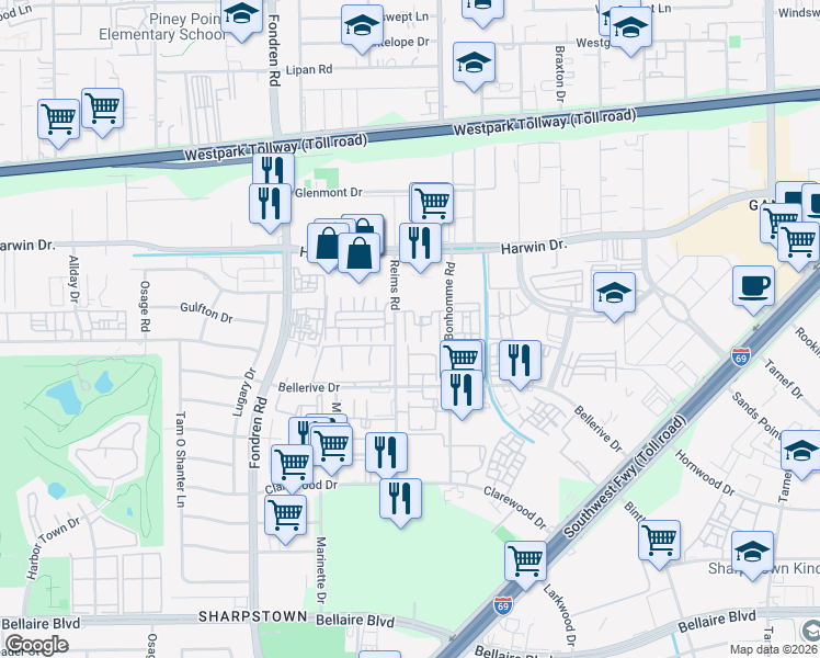 map of restaurants, bars, coffee shops, grocery stores, and more near 6001 Reims Road in Houston