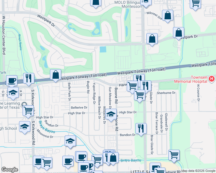 map of restaurants, bars, coffee shops, grocery stores, and more near 4147 Wildacres Drive in Houston