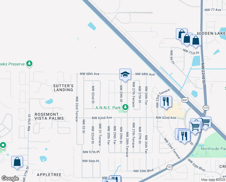 map of restaurants, bars, coffee shops, grocery stores, and more near 6604 Northwest 29th Terrace in Gainesville