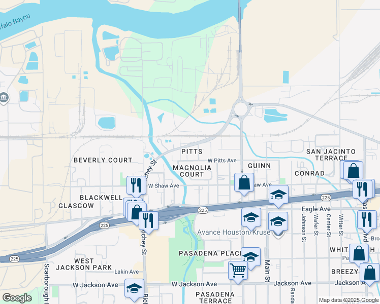map of restaurants, bars, coffee shops, grocery stores, and more near 501 Richey Street in Pasadena