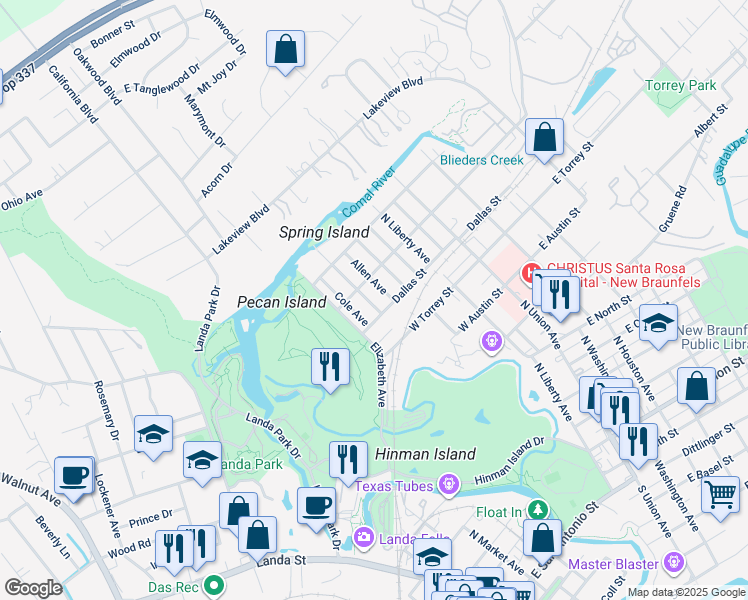 map of restaurants, bars, coffee shops, grocery stores, and more near 946 Booneville Avenue in New Braunfels