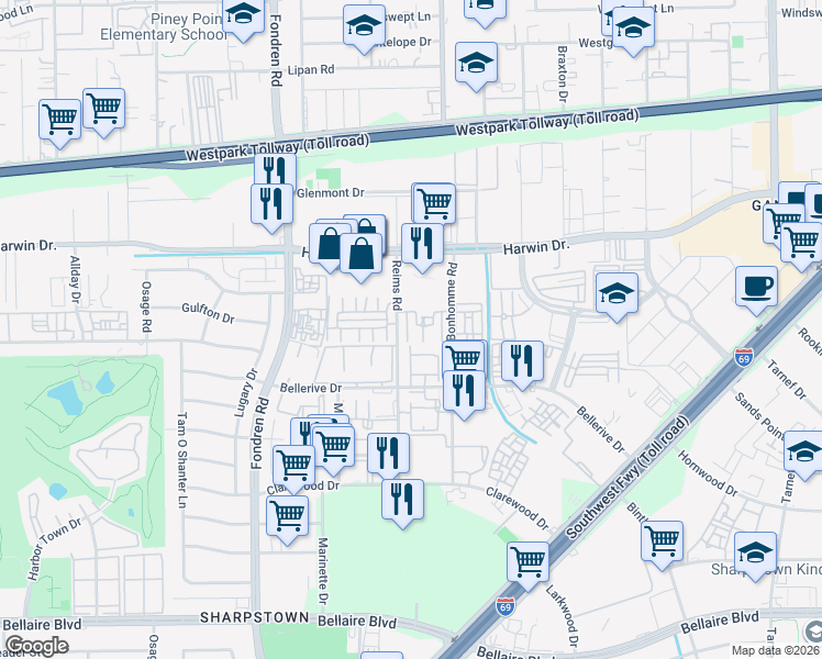 map of restaurants, bars, coffee shops, grocery stores, and more near 6001 Reims Road in Houston