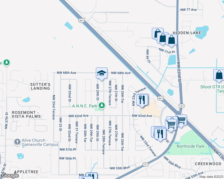 map of restaurants, bars, coffee shops, grocery stores, and more near 6603 Northwest 27th Terrace in Gainesville