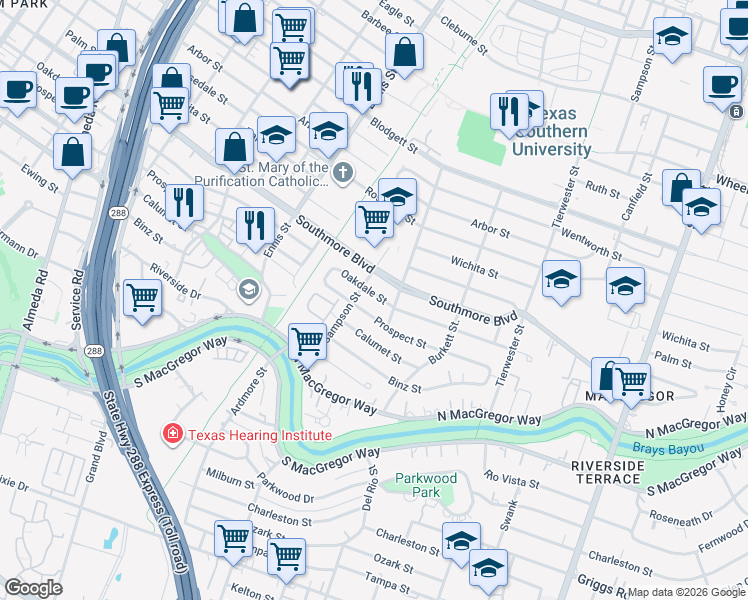 map of restaurants, bars, coffee shops, grocery stores, and more near 3214 Oakdale Street in Houston
