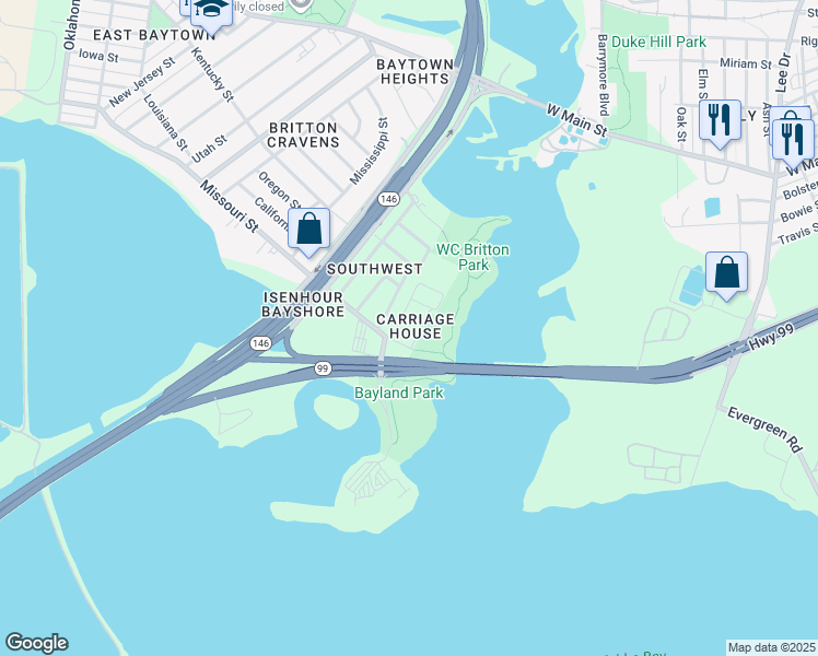map of restaurants, bars, coffee shops, grocery stores, and more near 1200 Missouri Street in Baytown