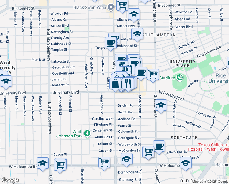 map of restaurants, bars, coffee shops, grocery stores, and more near Kirby Drive in Houston