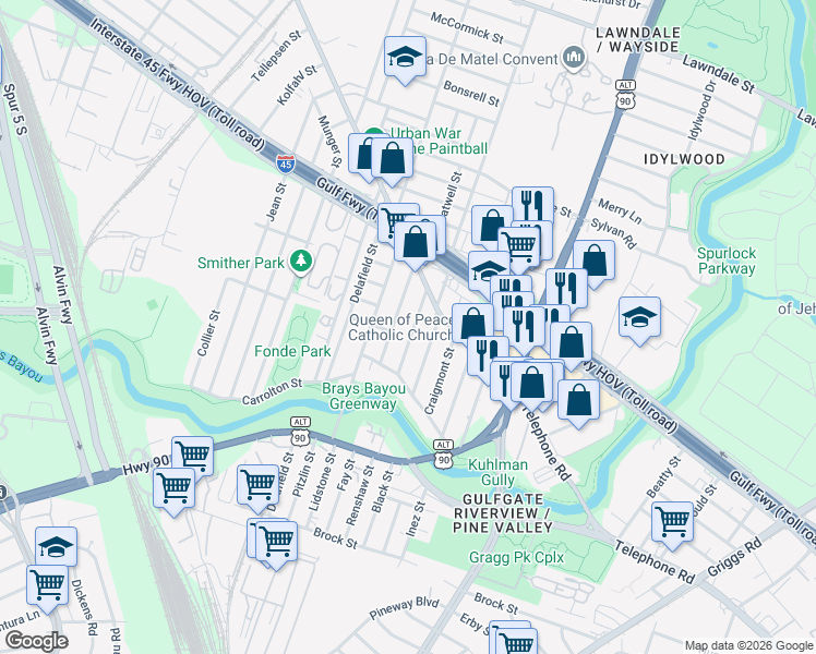 map of restaurants, bars, coffee shops, grocery stores, and more near 2416 Auburndale Street in Houston