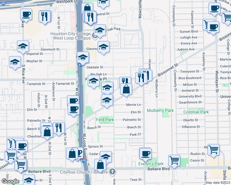 map of restaurants, bars, coffee shops, grocery stores, and more near 4545 Wedgewood Drive in Bellaire