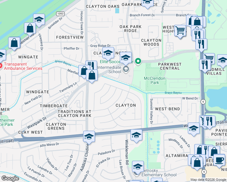 map of restaurants, bars, coffee shops, grocery stores, and more near 3710 Redwood Falls Drive in Houston