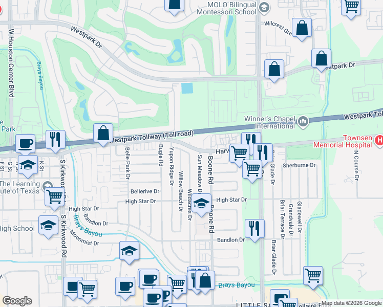 map of restaurants, bars, coffee shops, grocery stores, and more near 4147 Wildacres Drive in Houston