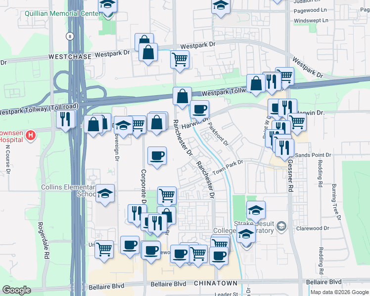 map of restaurants, bars, coffee shops, grocery stores, and more near 5876 Ranchester Drive in Houston