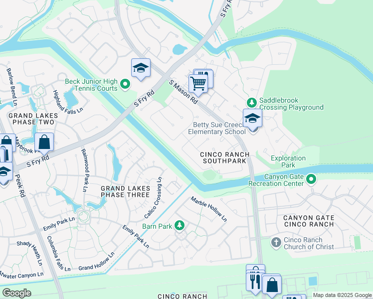map of restaurants, bars, coffee shops, grocery stores, and more near 5615 Overton Park Drive in Katy