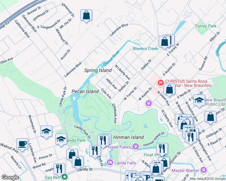 map of restaurants, bars, coffee shops, grocery stores, and more near 946 Booneville Avenue in New Braunfels