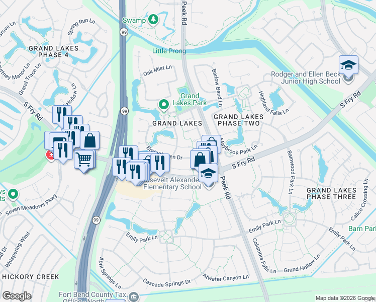 map of restaurants, bars, coffee shops, grocery stores, and more near 22411 Rippling Shore Court in Katy