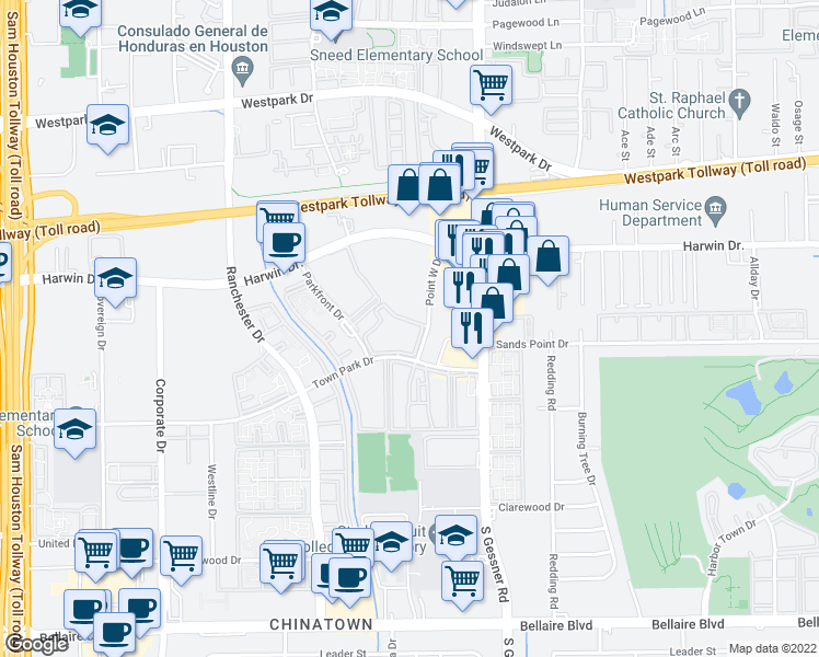 map of restaurants, bars, coffee shops, grocery stores, and more near 9000 Town Park Drive in Houston