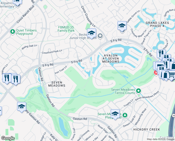 map of restaurants, bars, coffee shops, grocery stores, and more near 8411 Middle Canyon Road in Katy