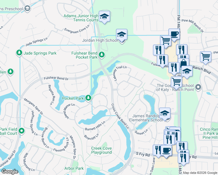 map of restaurants, bars, coffee shops, grocery stores, and more near 27702 Springbrook Ct in Fulshear