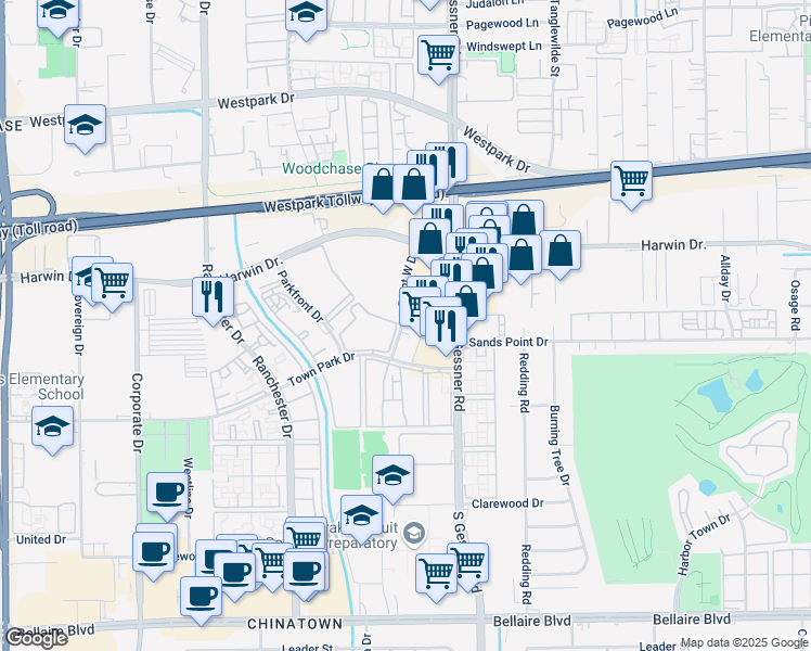 map of restaurants, bars, coffee shops, grocery stores, and more near 3205 Point West Drive in Houston