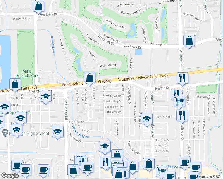 map of restaurants, bars, coffee shops, grocery stores, and more near 11542 Chesswood Drive in Houston