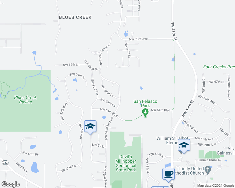 map of restaurants, bars, coffee shops, grocery stores, and more near 6612 Northwest 52nd Terrace in Gainesville